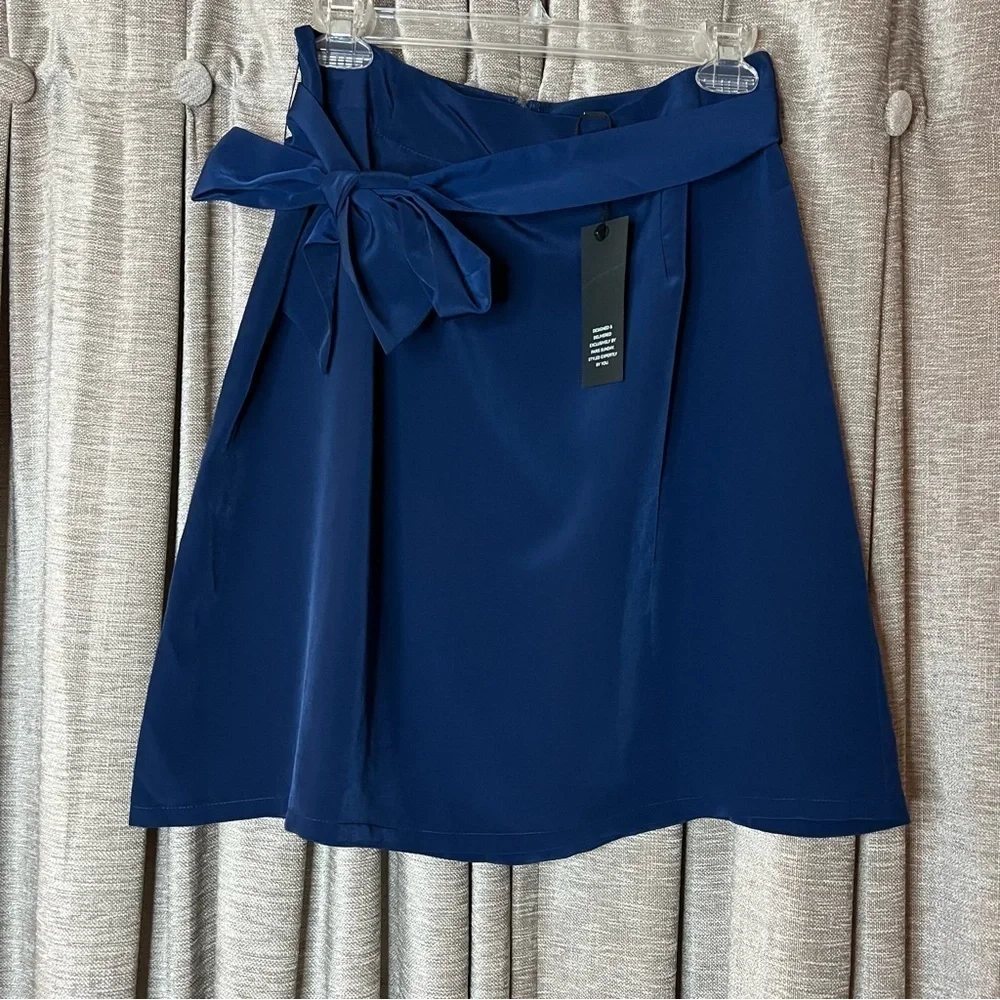 NWT Paris Sunday Blue Faux Tie Waist A Line Mini Skirt Size 8